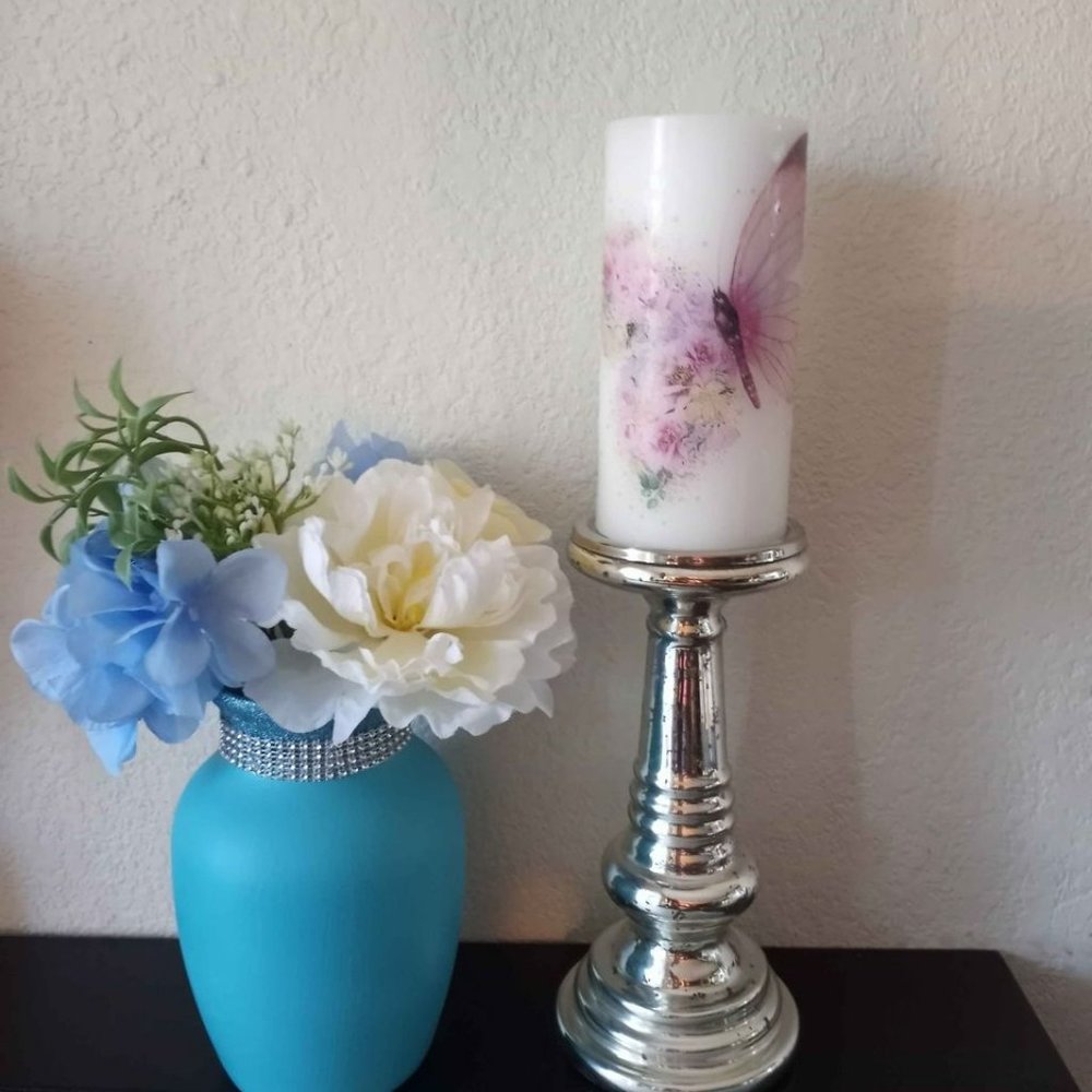 Pillar Candle Beautiful Butterfly Decoupage Unscented